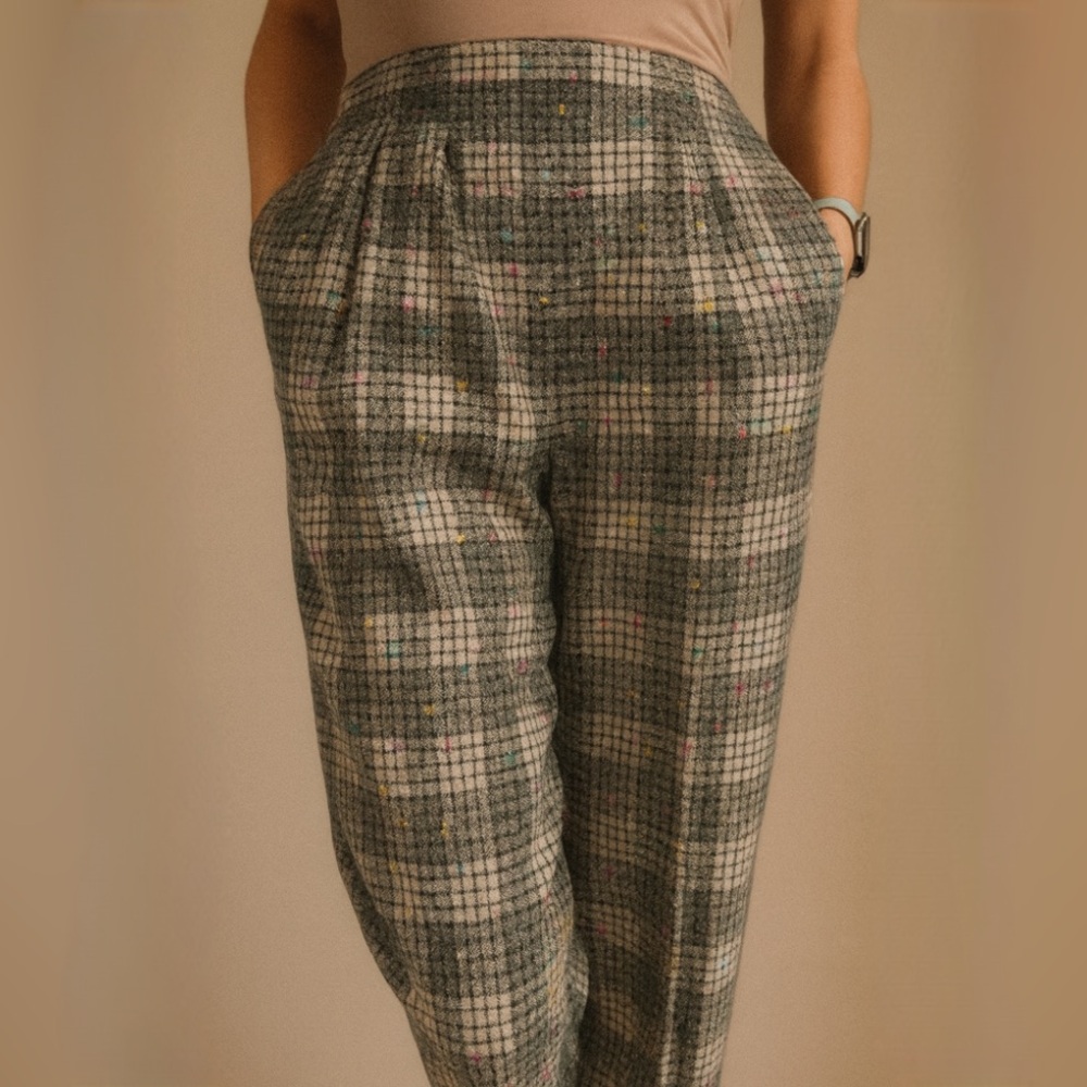 Vintage Synari Wool Blend Gray Check High Waist Pleated Trouser Pant Clueless
